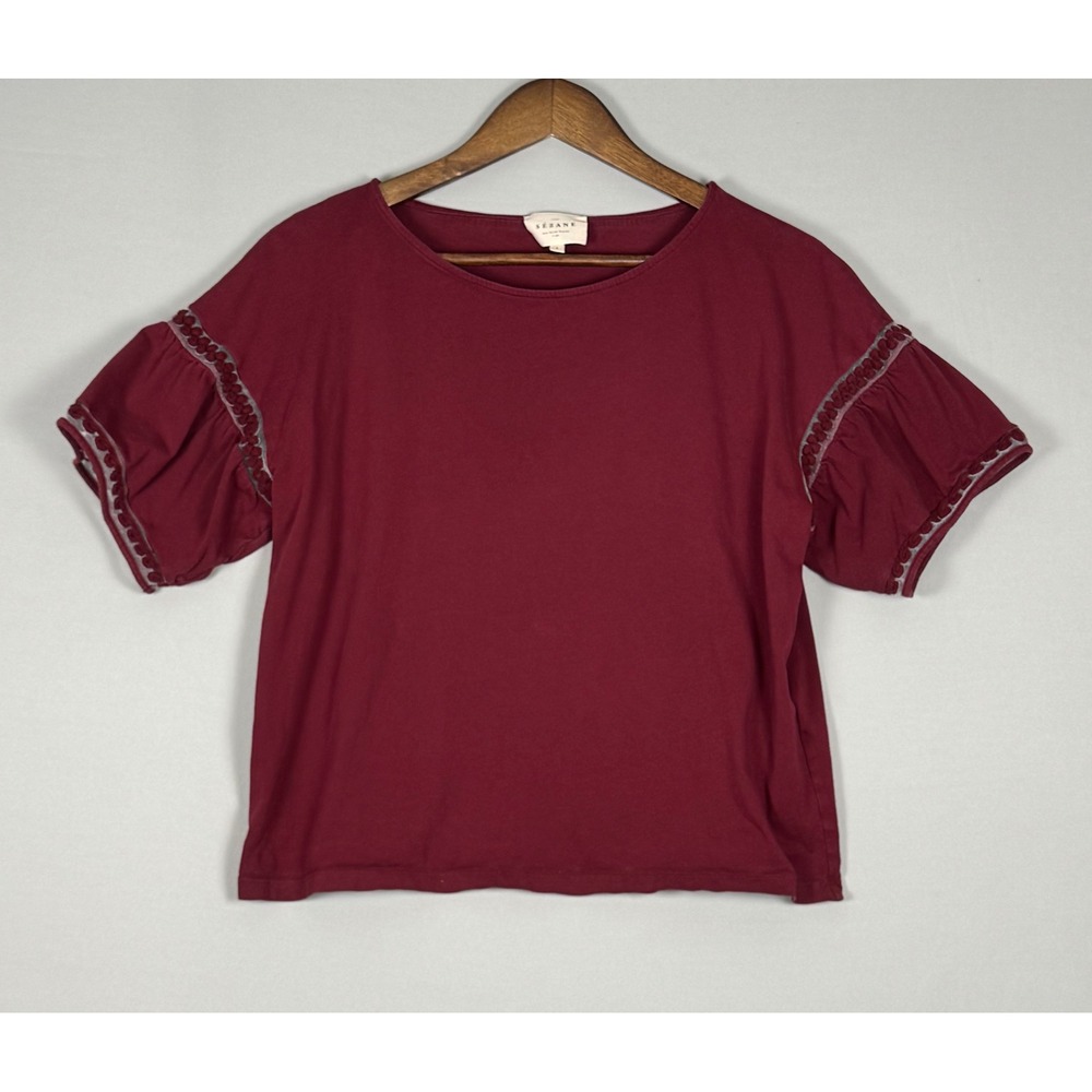 Sezane Ruffle Sleeve Top Womens Small Burgundy Excellent Embroidered Trim Cotton
